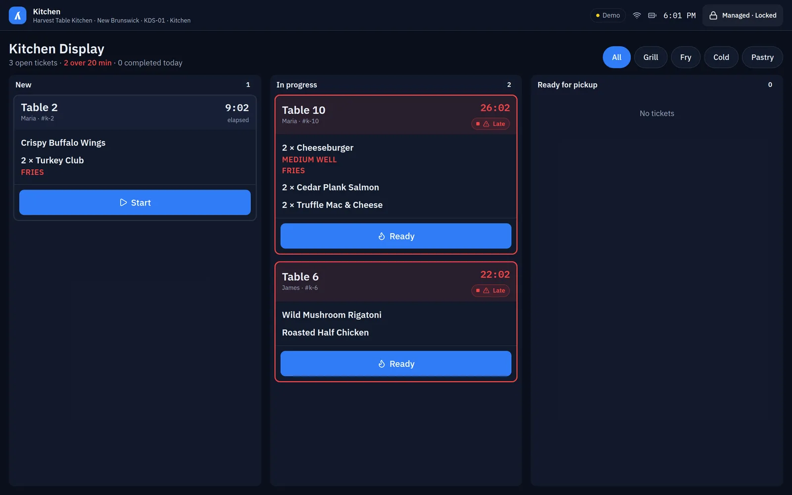Commerce Edition kitchen display locked to one screen, with tickets by status and late flags