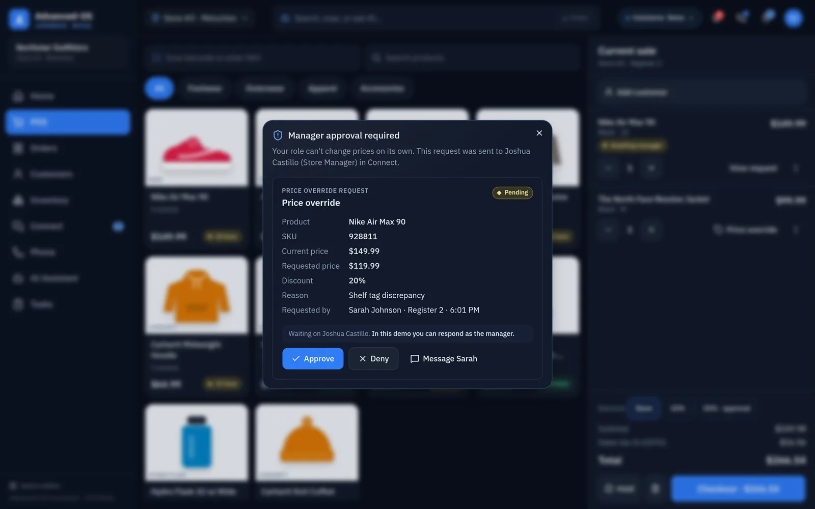 Manager approval request for a price override on the Commerce Edition POS