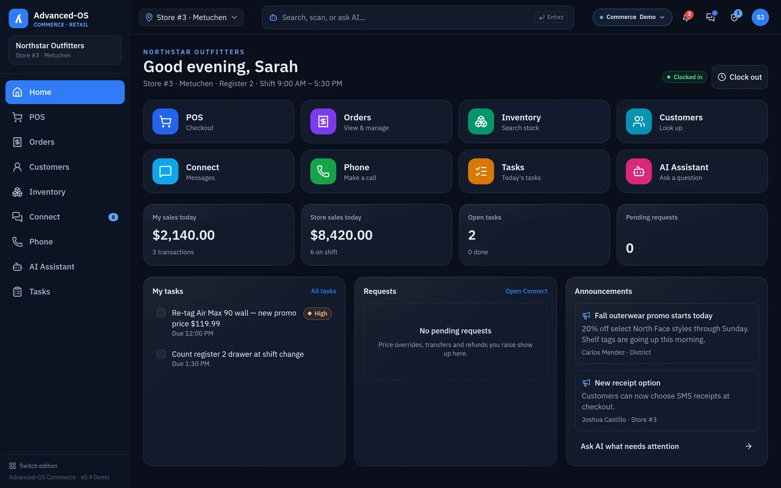 Commerce Edition employee home with large app tiles, sales, tasks and announcements