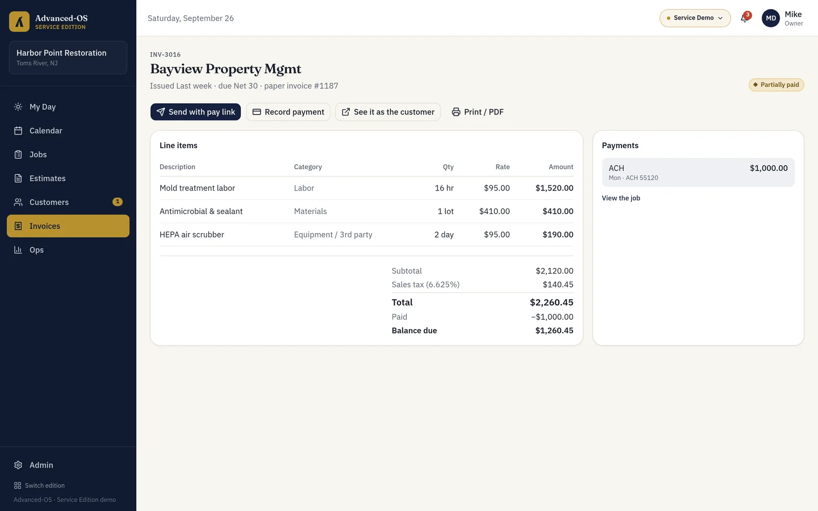 Service Edition invoice with line items, sales tax, a partial ACH payment and balance due
