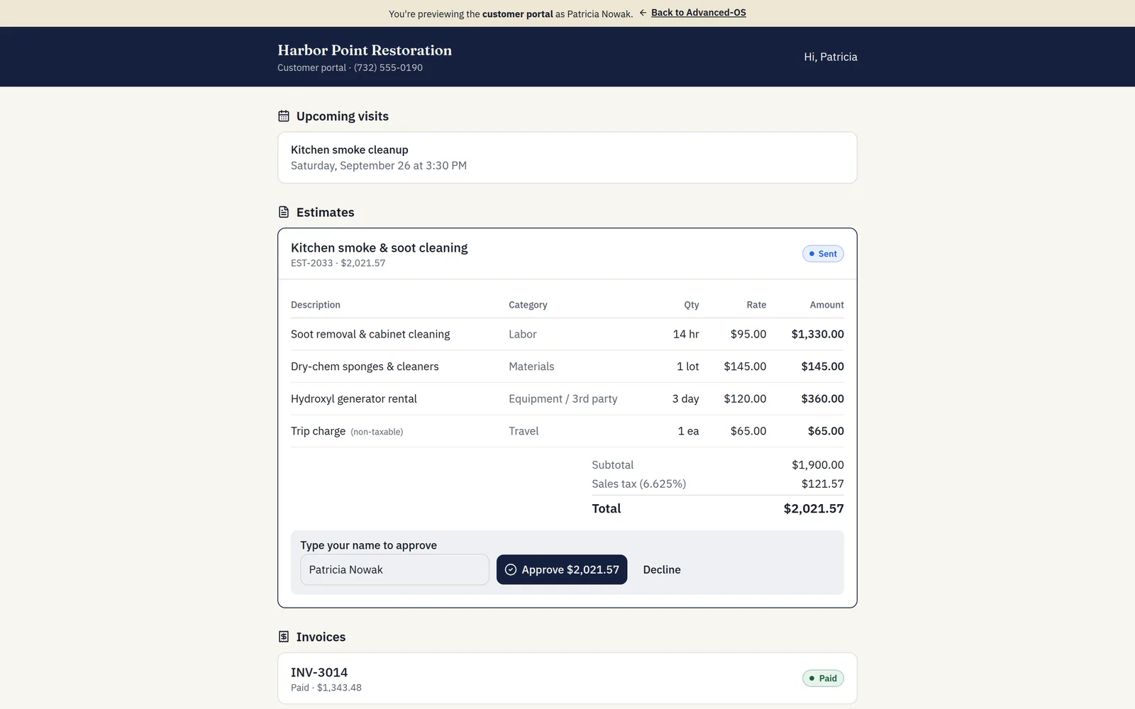 Customer portal where a homeowner reviews an estimate and approves it