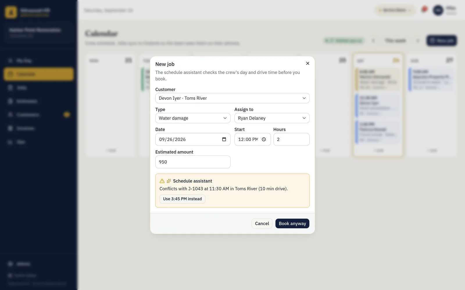 Schedule assistant flagging a conflict and drive time, and suggesting a better start time
